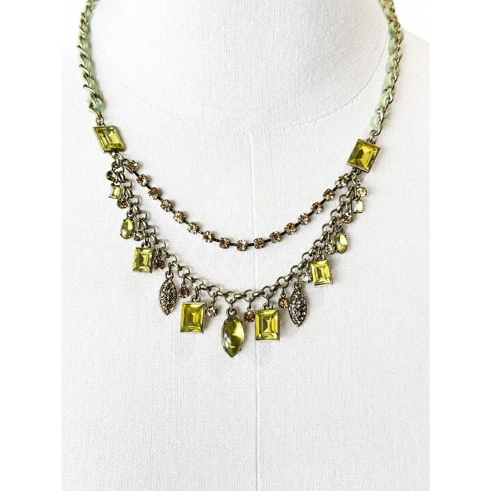 Betsey Johnson Green Rhinestone Bib Statement Necklace Fabric Chain Signed
